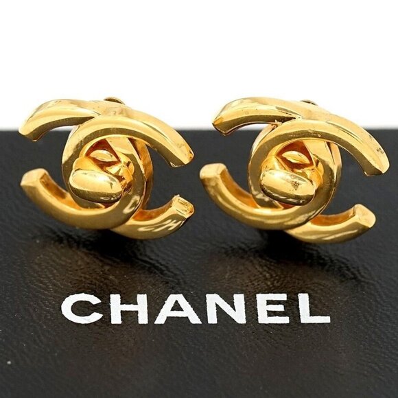 CHANEL Turnlock CC logos Clip-On Earrings Gold Tone 95A Auth w/BOX n1088 - Picture 1 of 5
